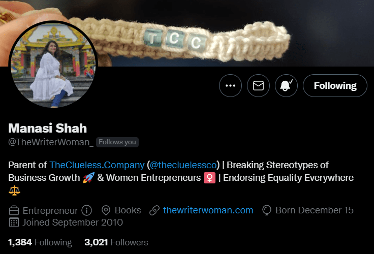 Manasi's bio on Twitter