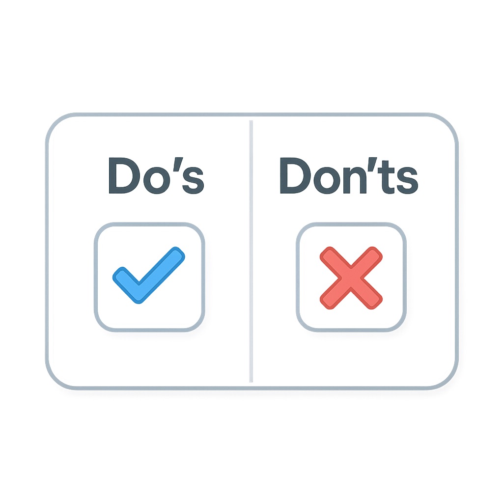A simple graphic for RevOps divided into two sections: "Do's" on the left with a blue checkmark icon for recommended actions, and "Don'ts" on the right with a red cross icon for actions to avoid. The design is minimal, with clear bold text and a light background.