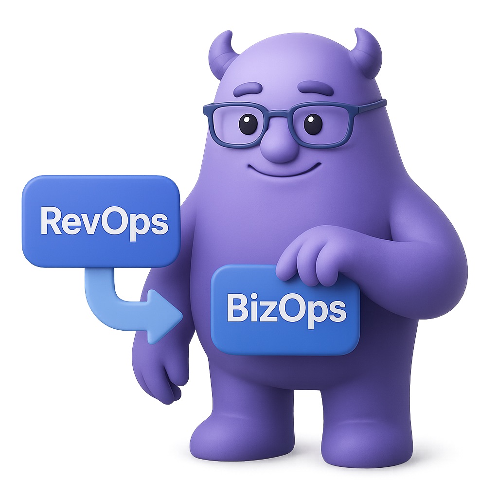 A friendly cartoon purple character with small horns and glasses holds two signs: one labeled "RevOps" and the other labeled "BizOps." An arrow points from "RevOps" to "BizOps," showing a connection between the two. The character stands with a slight smile against a plain background.