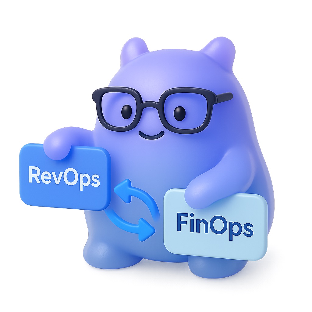 A cute purple cartoon character with a round body, big eyes, a small smile, and black glasses holds two signs: a blue "RevOps" sign on the left and a light blue "FinOps" sign on the right. A circular arrow graphic between the signs shows a connection between the two concepts. The design is playful and colorful.