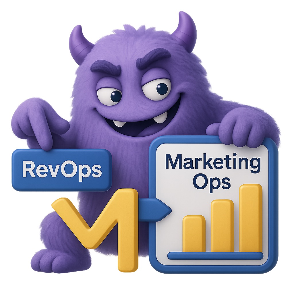 A cartoon purple monster with big eyes and a wide smile holds two signs: "RevOps" on a blue background to the left and "Marketing Ops" on a white background to the right. Between the signs is a chart with three yellow bars showing growth, and an arrow points from "RevOps" to "Marketing Ops," suggesting a link. The style is colorful and playful.