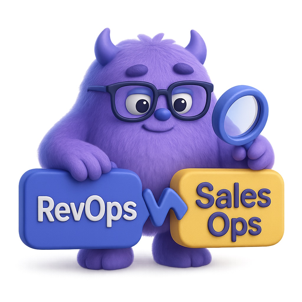 A cute purple cartoon monster with small horns and big round glasses holds a blue block labeled "RevOps" and a yellow block labeled "Sales Ops." A stylized arrow points from "RevOps" to "Sales Ops" between the blocks. The monster also holds a magnifying glass, suggesting analysis. The design is playful and colorful.