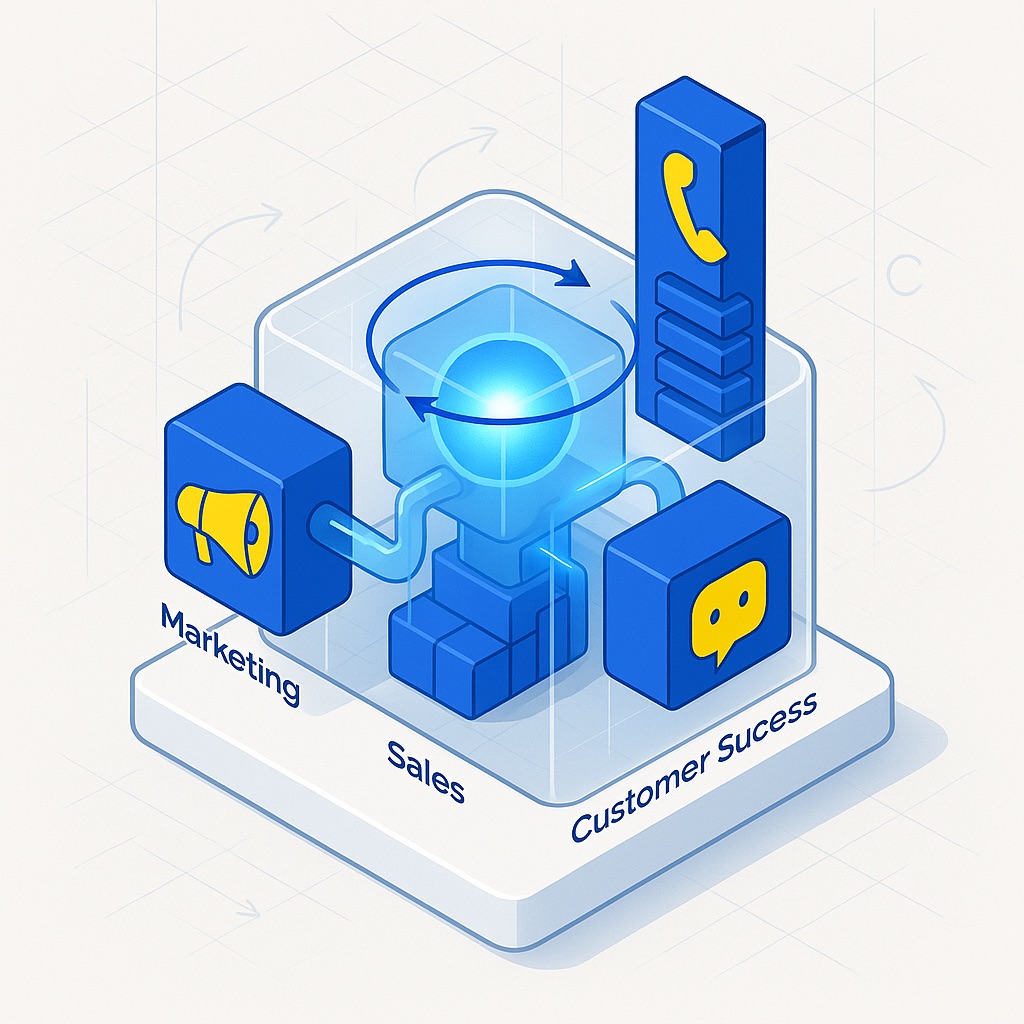 An illustration showing a conceptual framework that connects Marketing, Sales, and Customer Success. A glowing blue sphere in the center acts as a hub, with arrows pointing to and from three icons: a blue square with a yellow megaphone labeled "Marketing" on the left, bold "Sales" text below, and blue squares with a yellow phone and a speech bubble labeled "Customer Success" on the right. The light background has a subtle grid pattern, highlighting the integration and flow between the business functions.